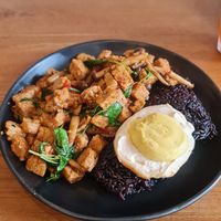 Tempeh Krapraow with a vegan egg. at Plantiful - Plant-based Cafe in Bangkok