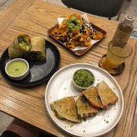 Pumpkin burrito (good), Sweet potato nacho plate (good!), lychee kombucha (good!) and Southwest quesadilla (very good!) at Plantiful - Plant-based Cafe in Bangkok