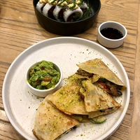 Salmon roll (tasty!) & Southwest quesadilla (very tasty!) at Plantiful - Plant-based Cafe in Bangkok
