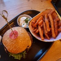 Vegan bean burger with sweet potato fries at Stern in Villach