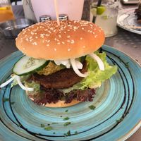 Beyond burger with fresh veggies and an avocado/chickpea spread.  at Stern in Villach