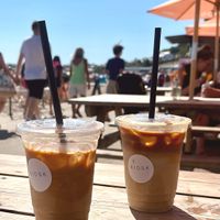 Iced Latte with Oat Milk, and a Iced Latte with Vanilla and Oat Milk. at Kiosk in Lyme Regis