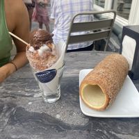Lemon & chocolate ice cream on the vanilla chimney, and one cinnamon chimney  at Gelateria Pichler in Budapest