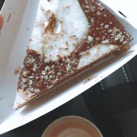 Pear, almond and chocolate pie & chai latte  at Lucifer Lives in Brussels
