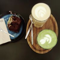 Chai latte, matcha latte, choc/hazelnut cake :) at Lucifer Lives in Brussels