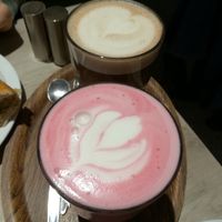Punk latte (beetroot with coconut milk) and hot chocolate at Lucifer Lives in Brussels