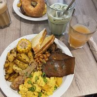 The full English breakfast with an iced matcha strawberry latte and apple juice  at Lucifer Lives in Brussels