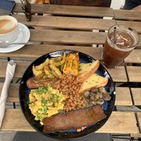 The full English breakfast with an iced Americano  at Lucifer Lives in Brussels