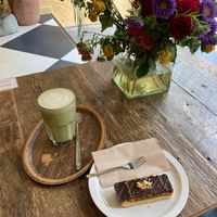 Vegan millionnaire shortbread And matcha latte with coconut milk  at Lucifer Lives in Brussels
