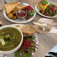 Zucchini soup, sandwich, and quiche at Lucifer Lives in Brussels