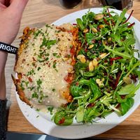 Lasagna Bolognese, Parmesan Crumble, green salad € 17.5 (January 2026) at Lucifer Lives in Brussels