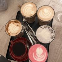 Pink latte, lavender latte, hot chocolate, bucket brew  at Lucifer Lives in Brussels