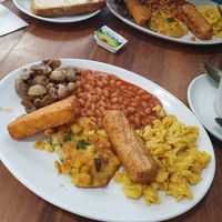 Vegan brekkie. Comes with sausages or corn fritters.  My partner and I got both so we could both have one of each at The Greenwood Tree in Lyndhurst