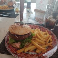 Vegan burger with fries at B-Side Cafe in Fuerteventura