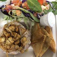 Majado de malanga con “pollo” (de soya) al ajillo acompañado de ensalada y chips at La Zanahoria in Bayamon