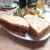 Build-your-own-sandwich: granary bread with caramelised onion chutney, roasted red pepper and tomato. at Baileys 2 in Bury St Edmunds