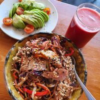 Tofu wok and purple juice at Mandala in Essaouira