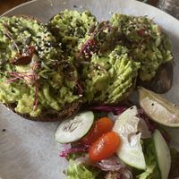 tasty sourdough bread with avocado, the salad was also quite good!  at Mandala in Essaouira