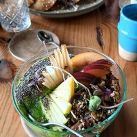 Vegan smoothie bowl, veggie pancakes at Mandala in Essaouira