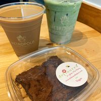 Matcha, vegan brownie and the draft oat milk latte at Metropolis Coffee in Chicago