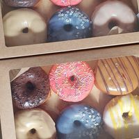 Chocolate, Strawberry, Custard-filled Fudge, Lemon Drizzle, Galaxy Vanilla and Salted Caramel at The Doughnut Family in Edinburgh