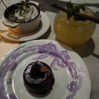 Bramley apple pie, blackberry mousse at Holy Carrot in London