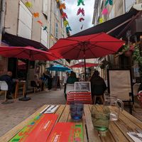 View from the terrace into the street at Il Cafetino in Millau