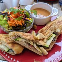 Vegan panini with side salad and small soup at Il Cafetino in Millau
