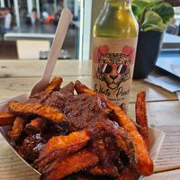 Sweet potato fries with tomato curry dip at Frittenküche in Dortmund