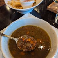 Lentil stew with side of fries at Hapy Bistro in Pismo Beach