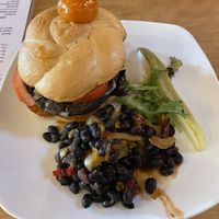 Magic mushroom sandwich without bacon. Side of bean salad at Rocking V Cafe in Kanab