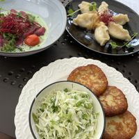 Potato pancakes, pink noodles and pierogi’s  at Niezapominajka in Hajnowka