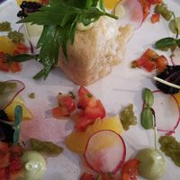 Cold Avocadocream in Tempo Dough, with Tomatoes, Oranges and Wasabi.  at Haider in Pollau