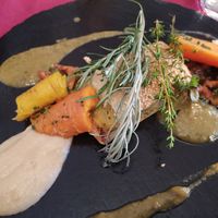 Potatoepie with baked carrots and different sauces at Haider in Pollau