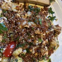 Cauliflower entree with a piece of the smoked tofu on the side   at The Cellar in Corning