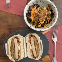 Weon burger and Brussels sprouts side dish  at Les Tontons Veg in Paris