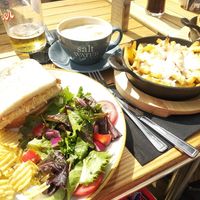 Vegan cheese sandwich and cheesy fries at Saltwater Cafe Bar in Scarborough