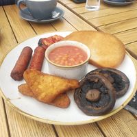 Vegan breakfast (veggie breakfast with eggs swapped for beans) at Saltwater Cafe Bar in Scarborough