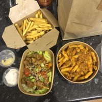 Skin on fries, Bang bang skewers and Ragu alla bolognese    at Plantopia in St Albans