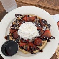 Vegan strawberry and chocolate waffle  at Donut Villa Diner in Malden