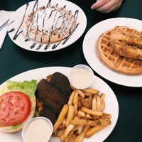 Vegan chicken bacon ranch, chicken and waffles, and a sweet waffle!  at Donut Villa Diner in Malden