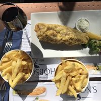 Vegan fish and chips (gluten free option). at Hobson's Fish & Chips in London