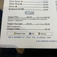 Menu for vegan options   at Hobson's Fish & Chips in London