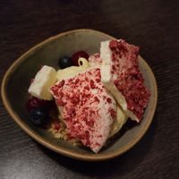 Dessert: passioncream with meringue, berries and crumbles at Gistihúsið in Egilsstadjir