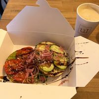 Hipster Bagel & almond milk latte at Ultralife Cafe in Newport
