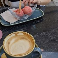 Cappuccino with oatmilk, strawberry icecream at Die Goldammer in Diessen Am Ammersee