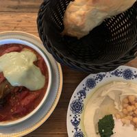 Houmous, Bread and Hit Aubergine! Would recommend!   at Cafe Pilz in Berlin