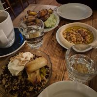 Hummus, potatoes and majadara at Cafe Pilz in Berlin