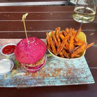 Burger and fries at Dominion Food Revolution in Frankfurt