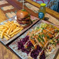 double moving mountains burger and schnitzel salad at Dominion Food Revolution in Frankfurt